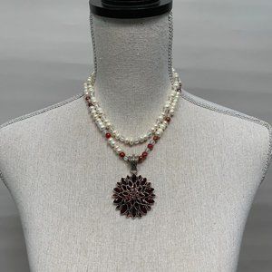 Hand Crafted Pearl Necklace with Red Gemstone Pendant